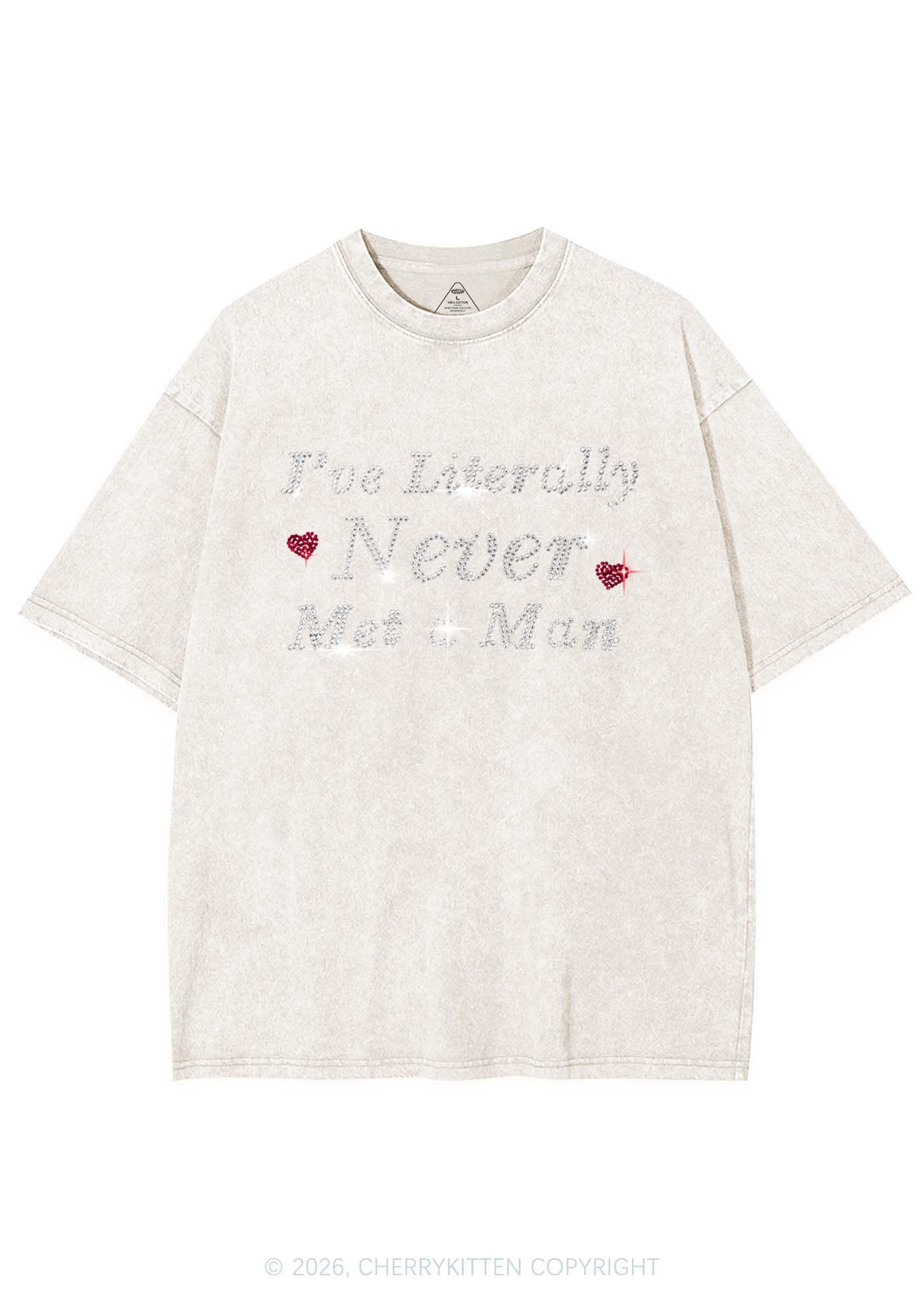 Rhinestone Never Met A Man Pride Y2K Shirts Washed Tee Cherrykitten