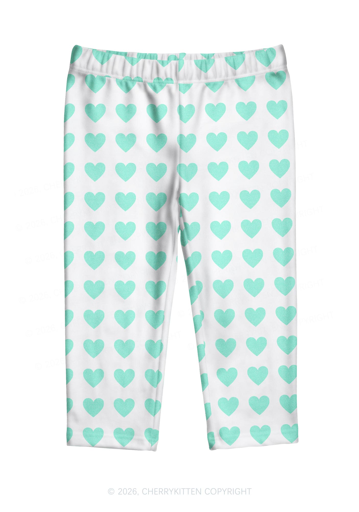 Mint Green Heart On White Y2K Print Capri Pants Cherrykitten