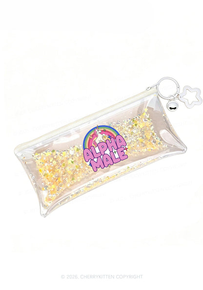 Rainbow Unicorn Alpha Male Y2K Quicksand Transparent Pencil Pouch Cherrykitten