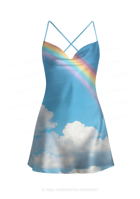 Blue Sky Rainbow Y2K Print Satin Cowl Neck Slip Dress Cherrykitten