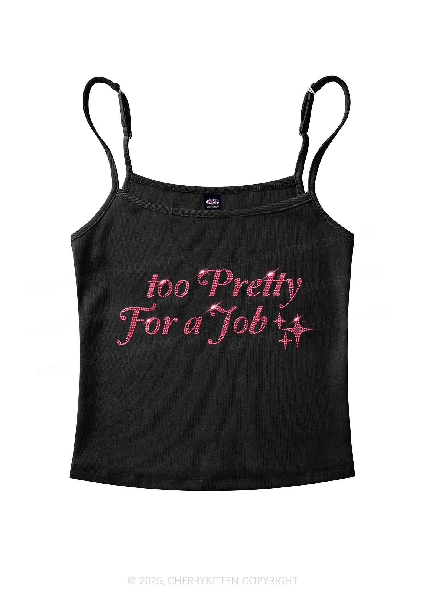 Rhinestone Too Pretty For Job Y2K Spaghetti Strap Cami Cherrykitten