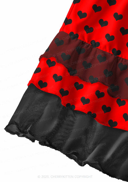 Black Heart On Red Valentine's Day Y2K Print Mini Layered Skirt Cherrykitten