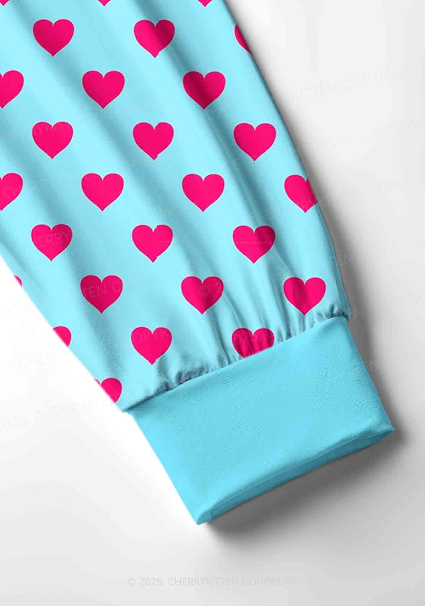 Pink Heart On Blue Valentine's Day Y2K Print Long Sleeve Pajama Set Cherrykitten