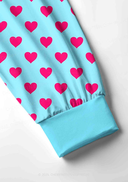 Pink Heart On Blue Valentine's Day Y2K Print Long Sleeve Pajama Set Cherrykitten