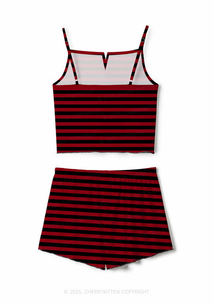 Black And Red Stripe Valentine's Day Y2K Print Cami Shorts Pajama Set Cherrykitten