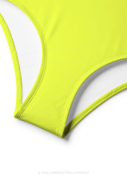 Lime Yellow Plain Y2K Print Bikini Set Cherrykitten