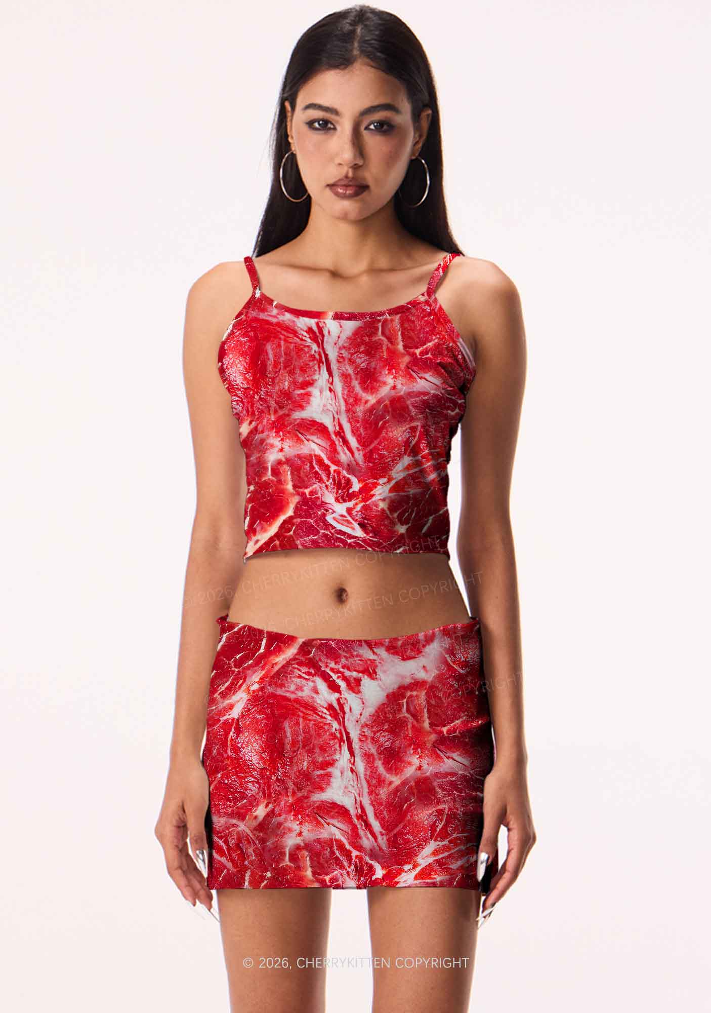 Beef Steak Texture Y2K Print Cami Crop Top Cherrykitten