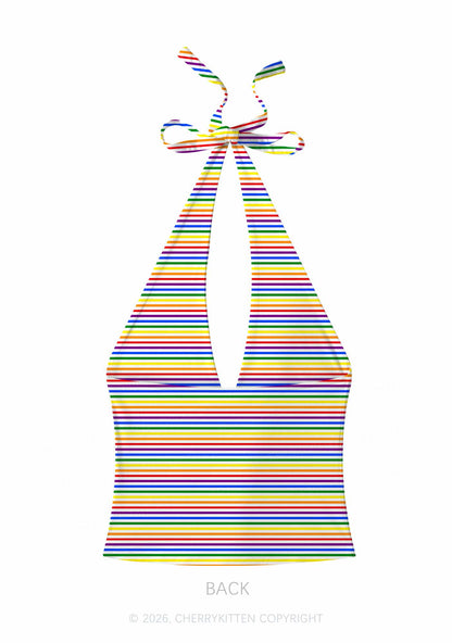 Rainbow Stripes Pride Y2K Print Halter Deep V Neck Cami Cherrykitten
