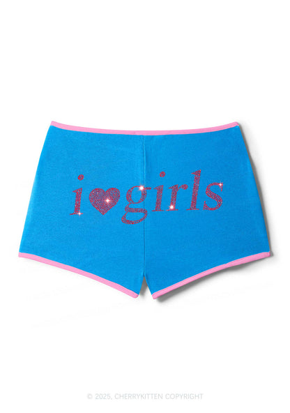 Rhinestone I Love Girls Y2K Booty Shorts Cherrykitten