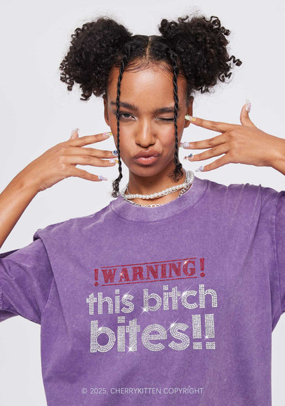 Rhinestone This Bxxch Bites Y2K Shirts Washed Tee Cherrykitten