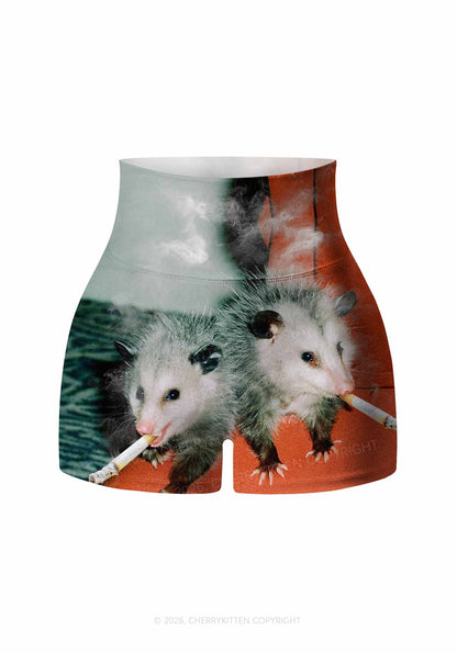 Smoking Badass Possum Y2K Print Gym Shorts Cherrykitten