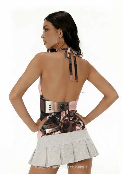 Halloween Bat Coffee Y2K Print Halter Deep V Neck Cami Cherrykitten