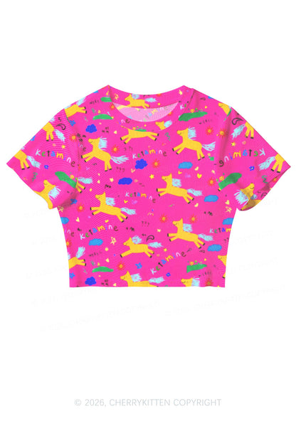 Orange Pony On Hot Pink Y2K Mesh Crop Top Cherrykitten