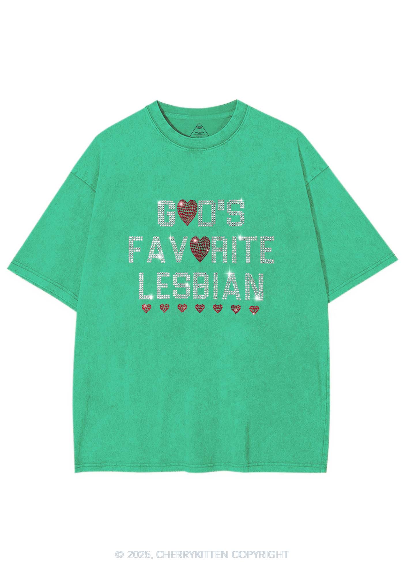 Rhinestone Gods Favorite Lesbian Pride Y2K Shirts Washed Tee Cherrykitten