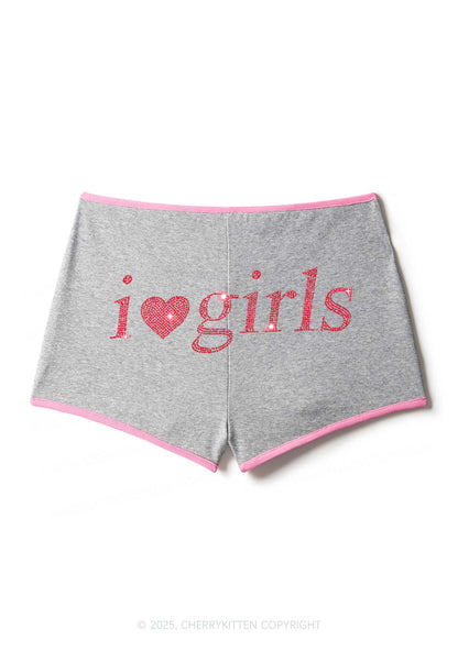 Rhinestone I Love Girls Y2K Booty Shorts Cherrykitten