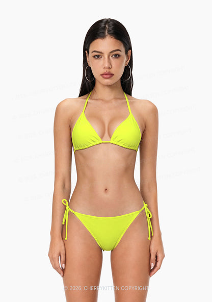 Lime Yellow Plain Y2K Print Bikini Set Cherrykitten