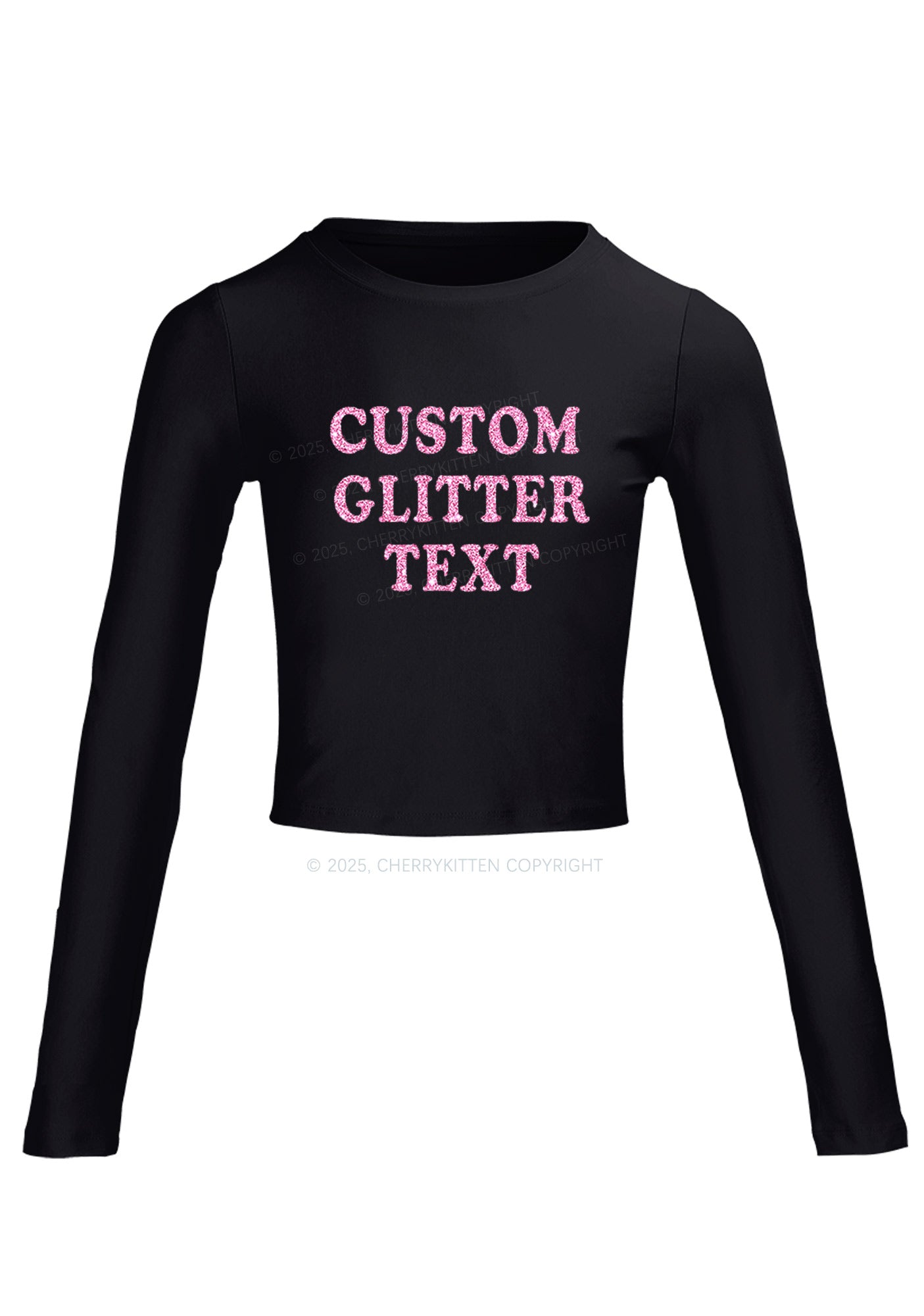 Custom Text Glitter Y2K Long Sleeve Crop Top Cherrykitten