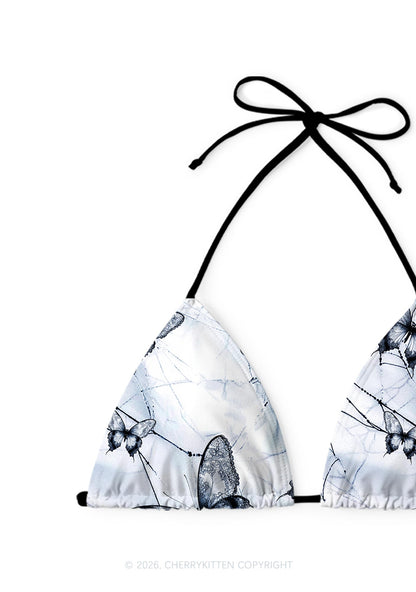 Pale Grey Gothic Butterfly Web Y2K Print Bikini Set Cherrykitten