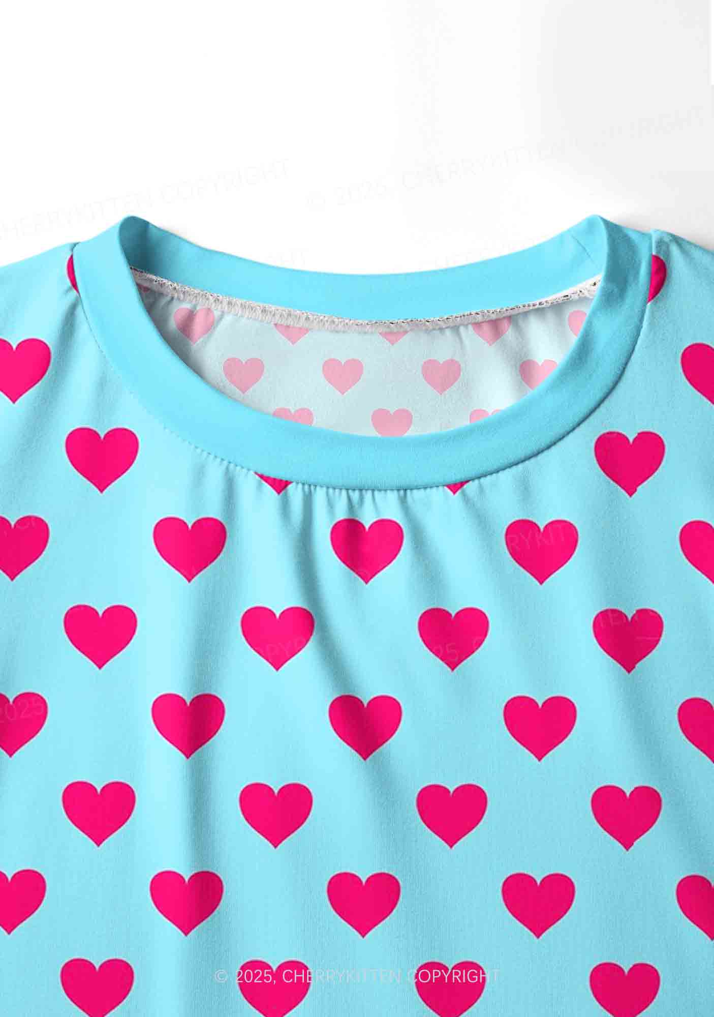 Pink Heart On Blue Valentine's Day Y2K Print Long Sleeve Pajama Set Cherrykitten