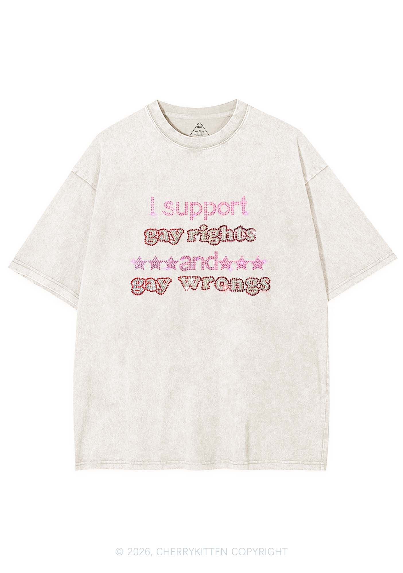 Rhinestone I Support Gay Rights Y2K Shirts Washed Tee Cherrykitten