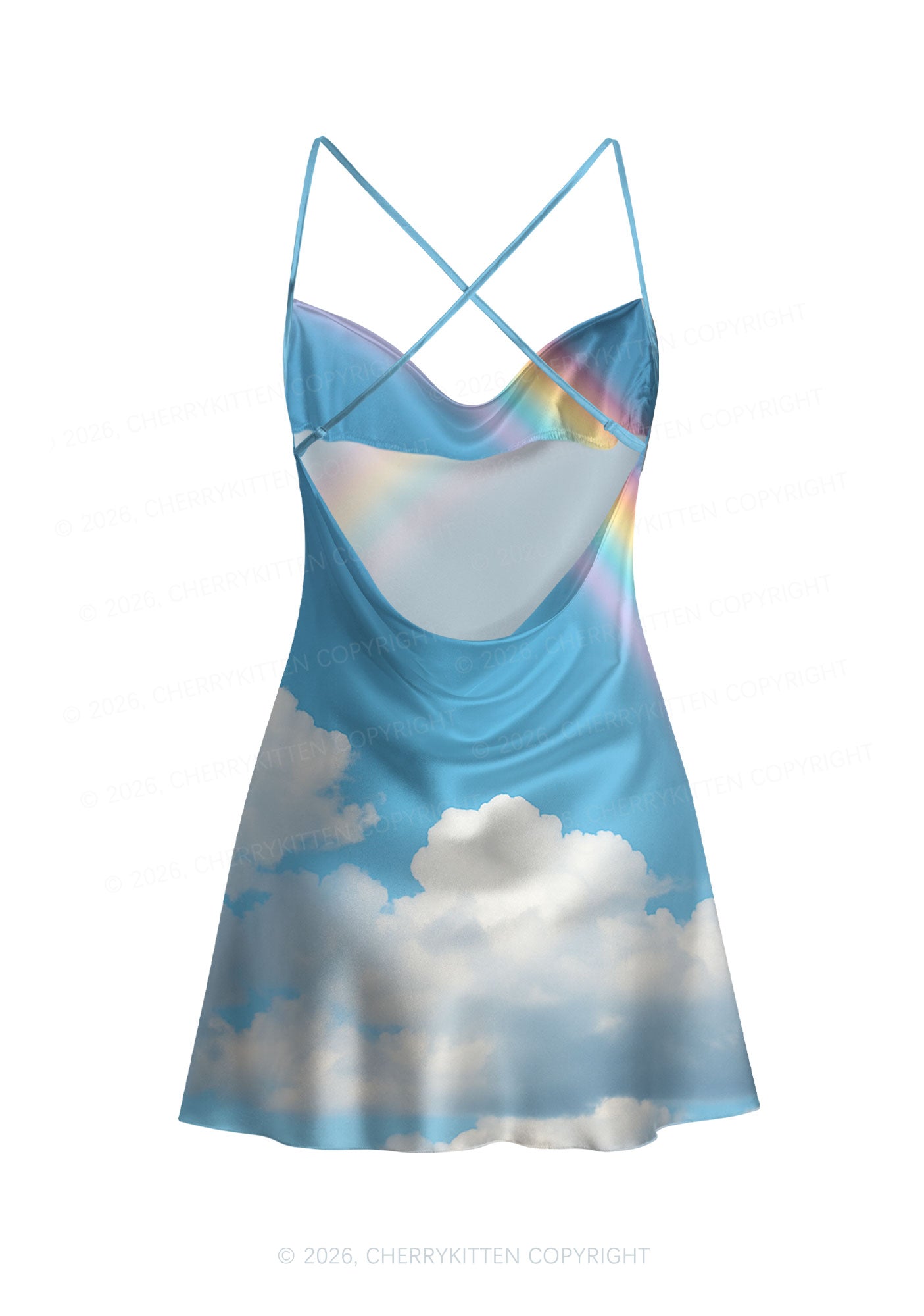 Blue Sky Rainbow Y2K Print Satin Cowl Neck Slip Dress Cherrykitten