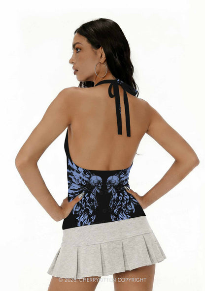 Halloween Blue Skull Angel Wings Y2K Print Halter Deep V Neck Cami Cherrykitten