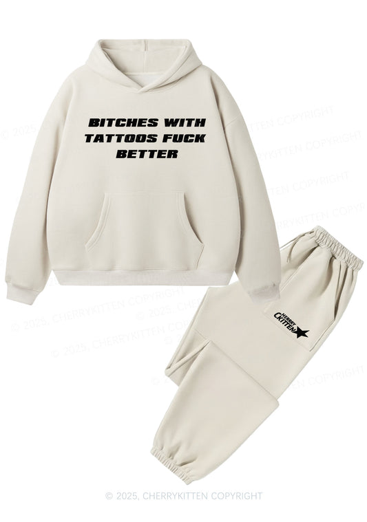 Bxxches With Tattoos Fxxk Better Y2K Fleece Hoodie Set Cherrykitten