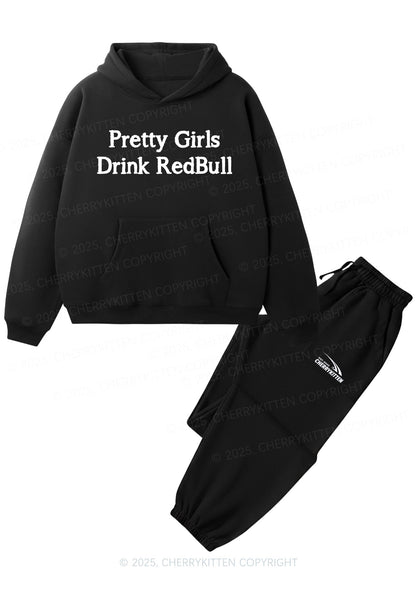 Pretty Girls Drink Red Y2K Fleece Hoodie Set Cherrykitten