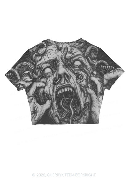 Halloween Insect On Face Y2K Mesh Crop Top Cherrykitten