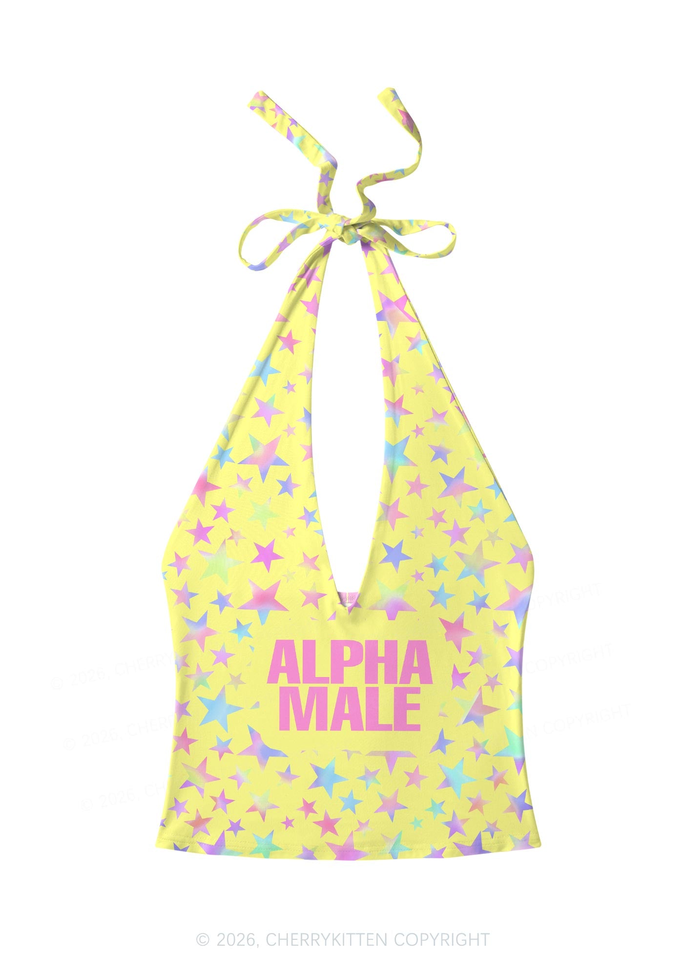 Pale Yellow Alpha Male Pride Y2K Print Halter Deep V Neck Cami Cherrykitten
