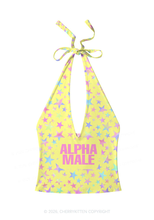Pale Yellow Alpha Male Pride Y2K Print Halter Deep V Neck Cami Cherrykitten