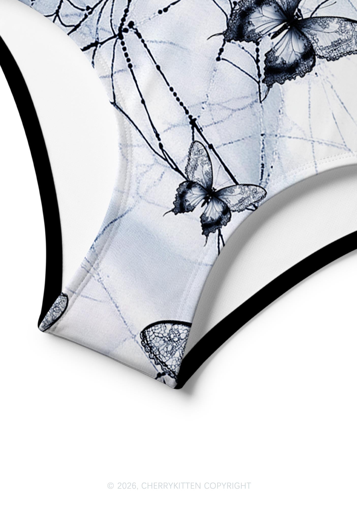Pale Grey Gothic Butterfly Web Y2K Print Bikini Set Cherrykitten
