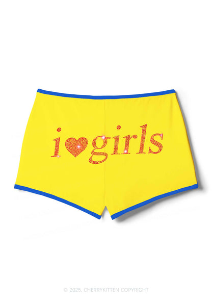 Rhinestone I Love Girls Y2K Booty Shorts Cherrykitten