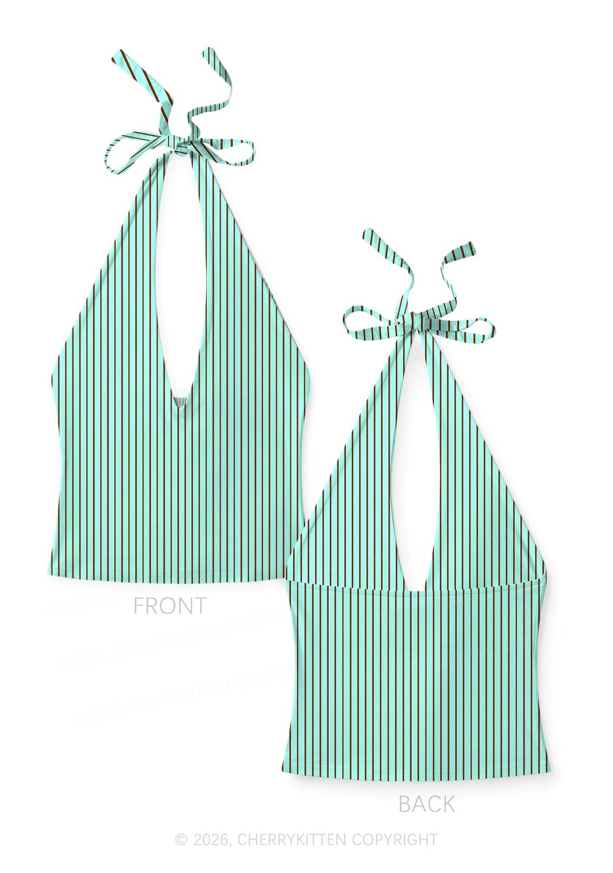 Mint Brown Stripes Y2K Print Halter Deep V Neck Cami Cherrykitten