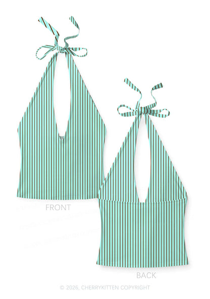 Mint Brown Stripes Y2K Print Halter Deep V Neck Cami Cherrykitten