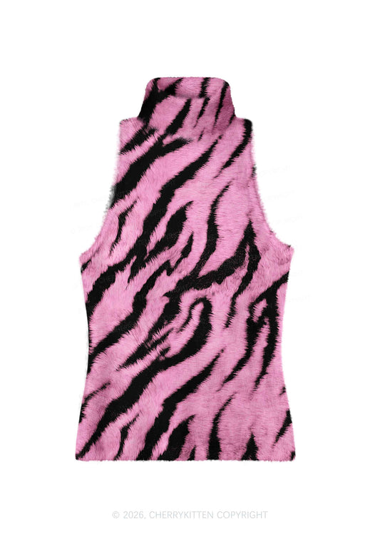 Light Pink Zebra Stripe Y2K Knit Turtleneck Tank Top Cherrykitten