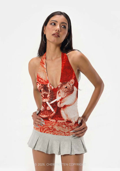 Halloween Blood Smoking Ratz Y2K Print Halter Deep V Neck Cami Cherrykitten