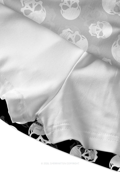 Halloween White Skull On Black Y2K Print Mini Skirt Cherrykitten