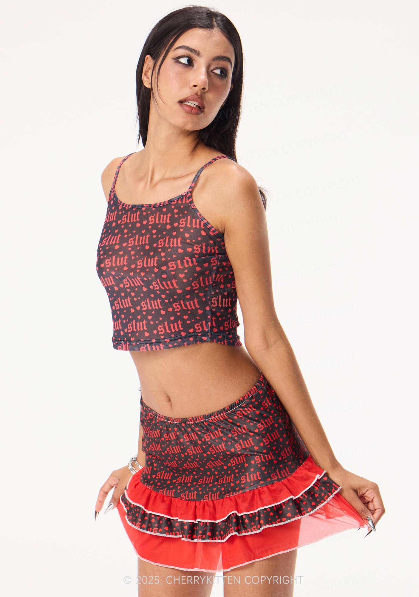 Black Slxt Y2K Print Mini Layered Skirt Cherrykitten