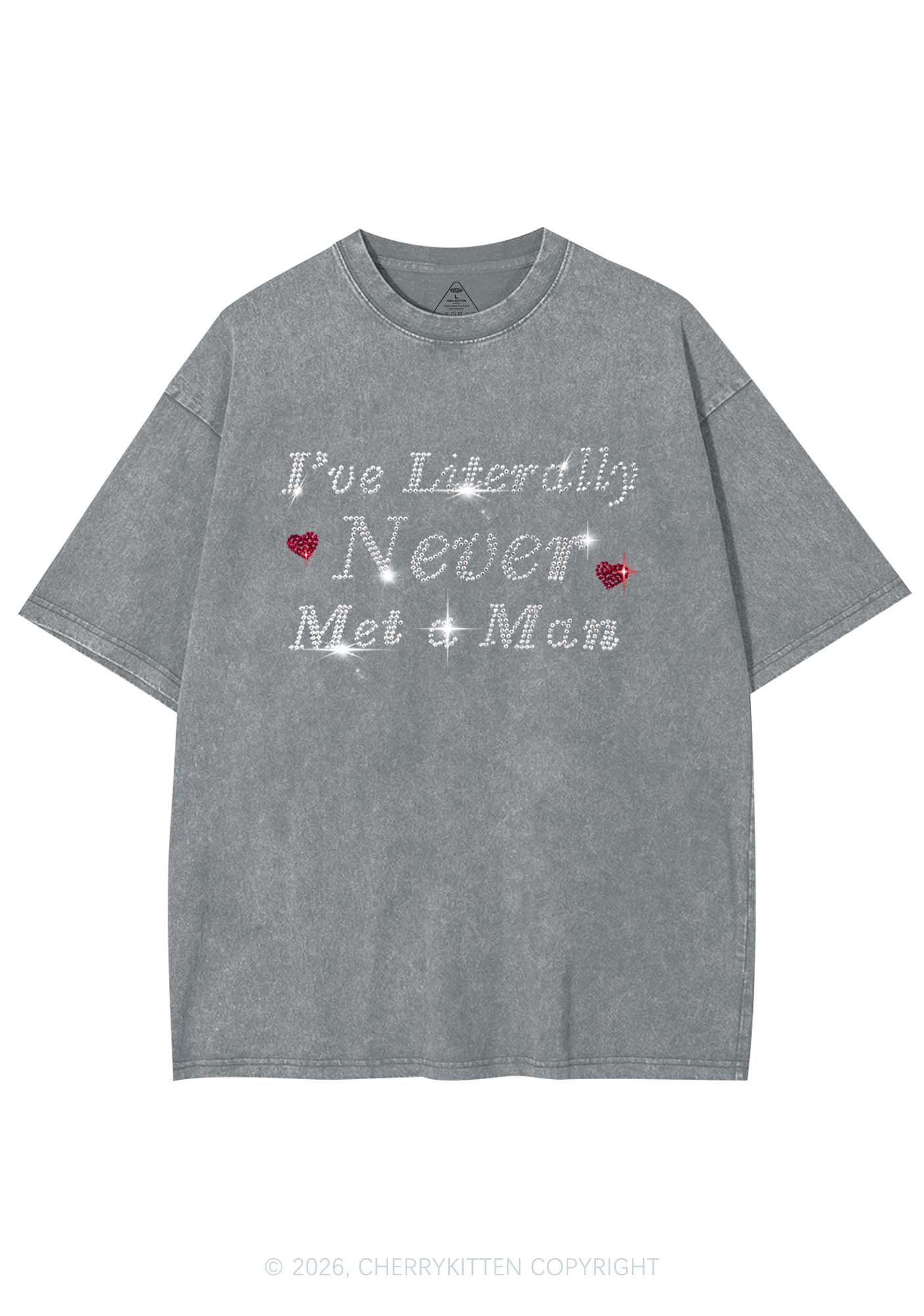 Rhinestone Never Met A Man Pride Y2K Shirts Washed Tee Cherrykitten