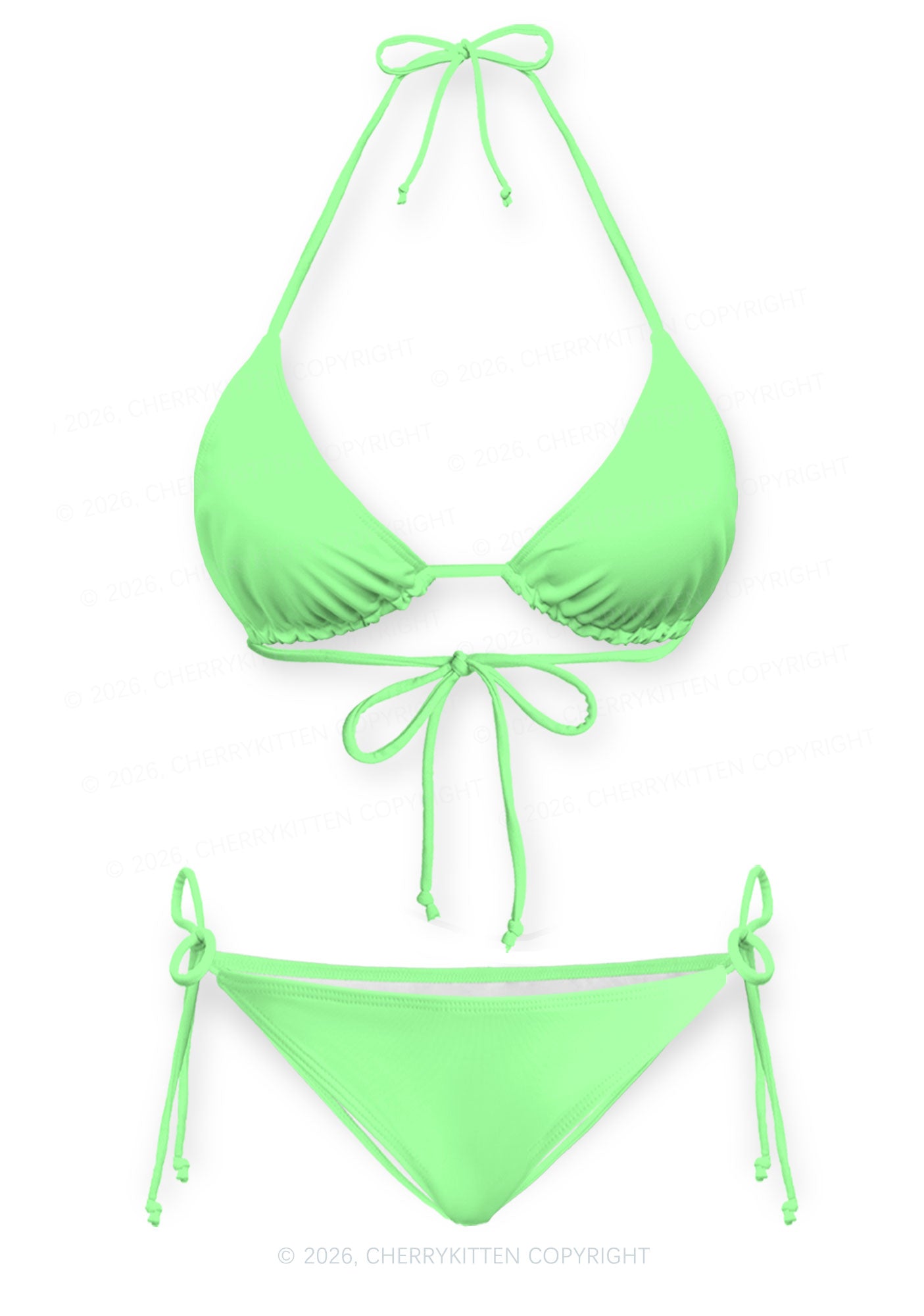 Lime Green Plain Y2K Print Bikini Set Cherrykitten