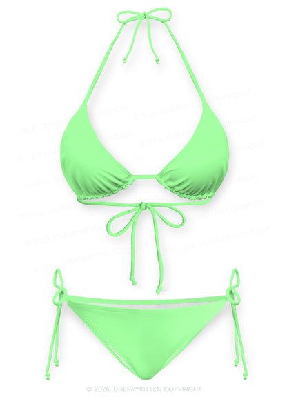 Lime Green Plain Y2K Print Bikini Set Cherrykitten
