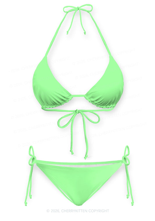 Lime Green Plain Y2K Print Bikini Set Cherrykitten