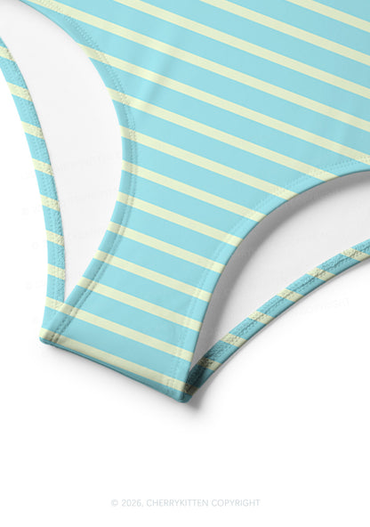 Mint Yellow Stripes Y2K Print Bikini Set Cherrykitten
