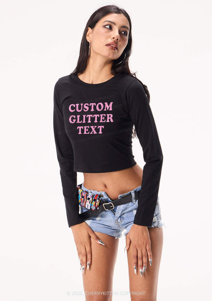 Custom Text Glitter Y2K Long Sleeve Crop Top Cherrykitten