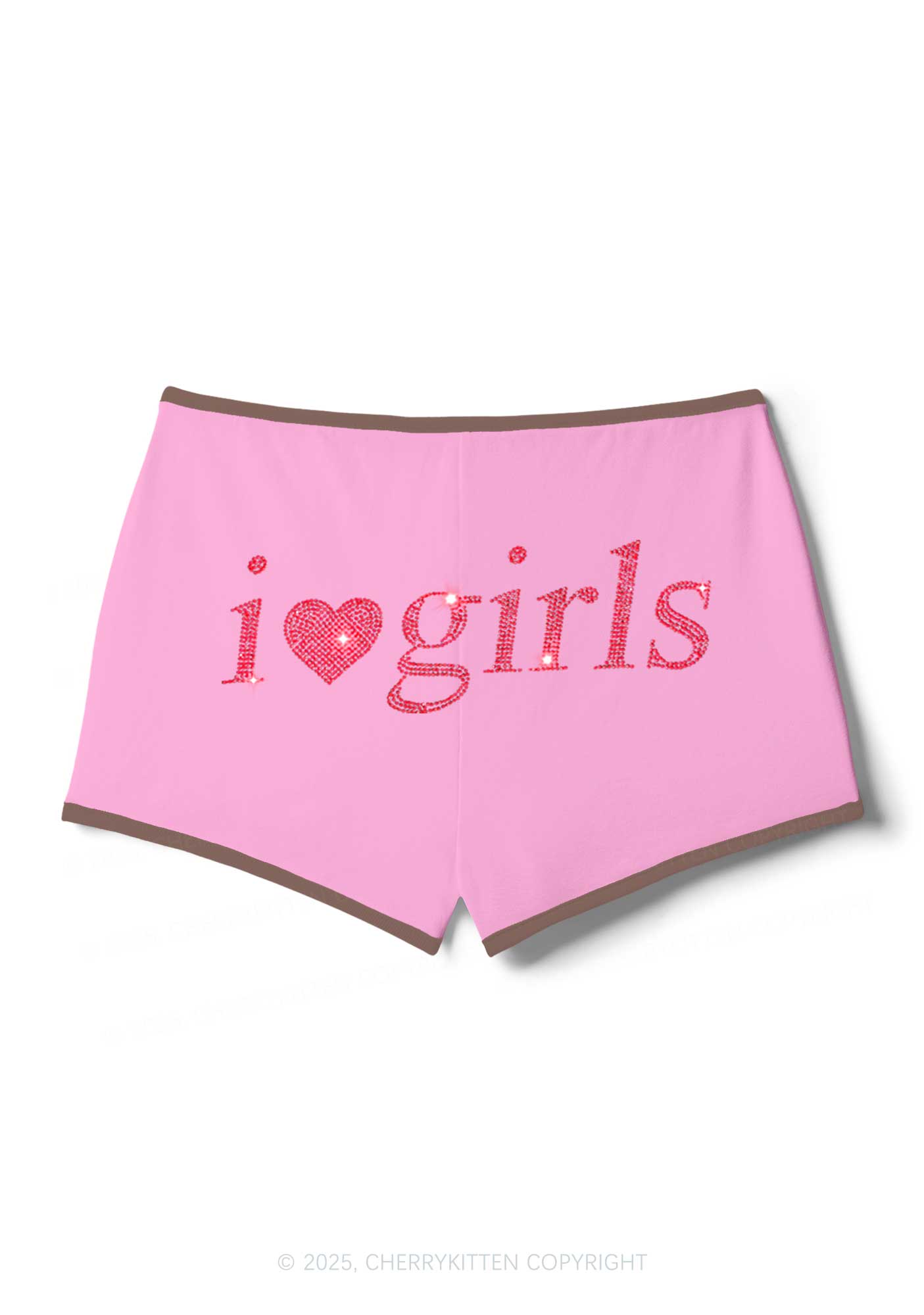 Rhinestone I Love Girls Y2K Booty Shorts Cherrykitten