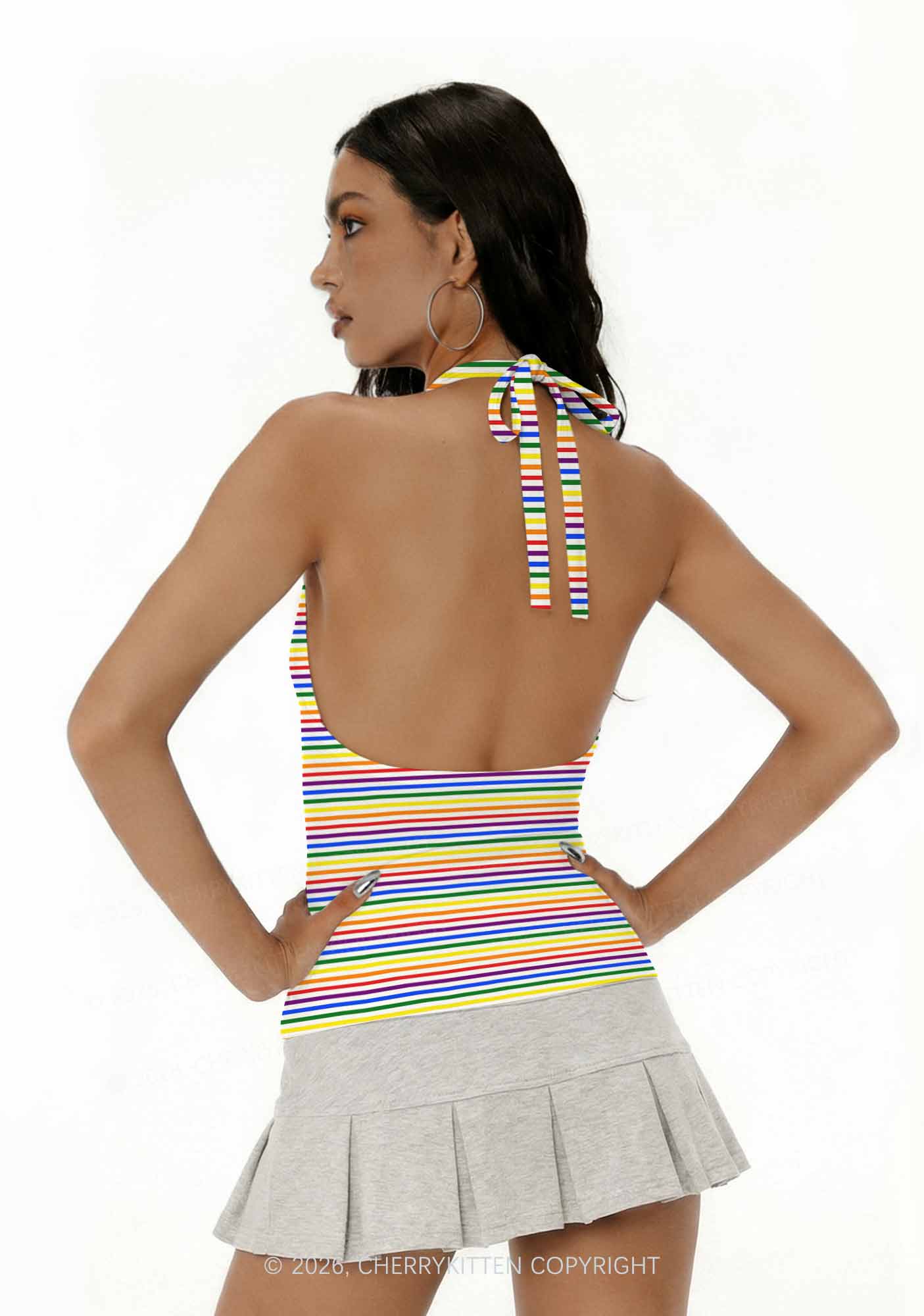 Rainbow Stripes Pride Y2K Print Halter Deep V Neck Cami Cherrykitten