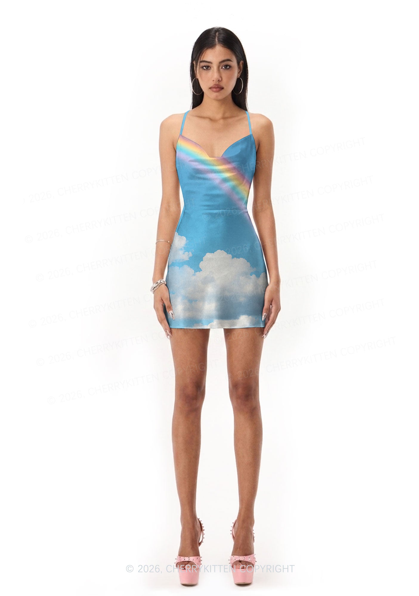 Blue Sky Rainbow Y2K Print Satin Cowl Neck Slip Dress Cherrykitten
