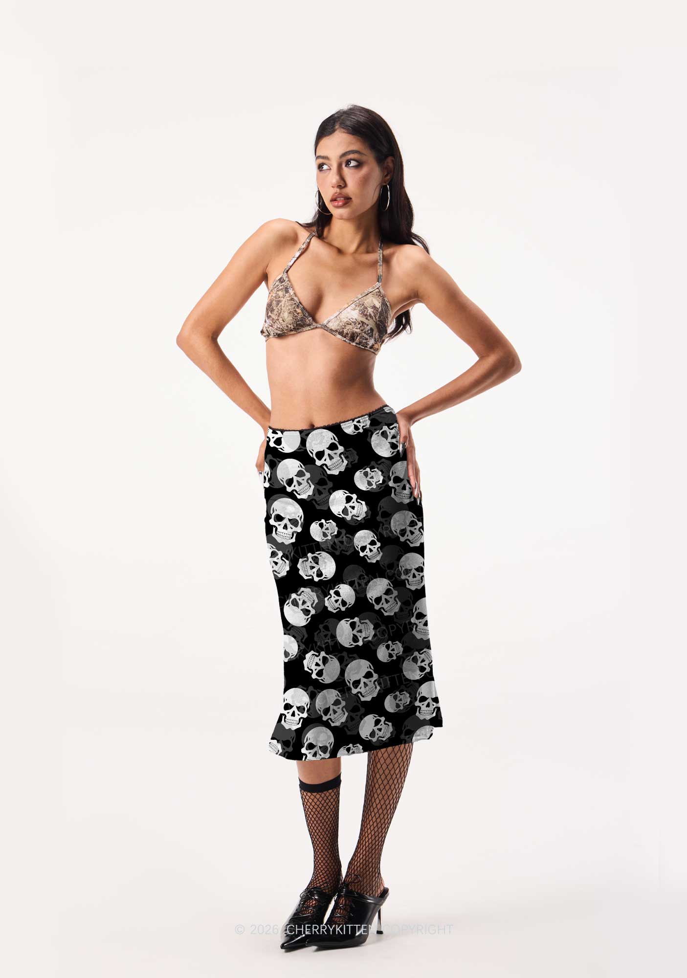 Halloween White Skull On Black Y2K Print Midi Skirt Cherrykitten
