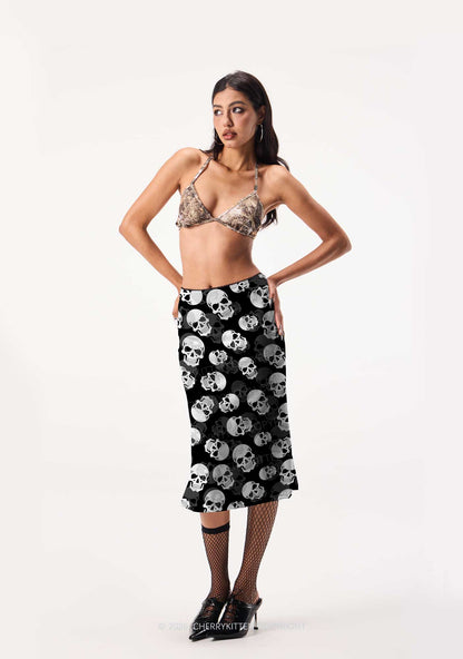 Halloween White Skull On Black Y2K Print Midi Skirt Cherrykitten
